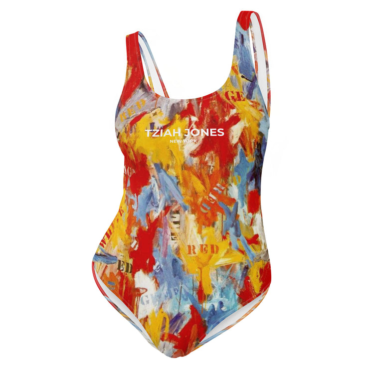 【THE MOZZ】Fitz Wrinkle Printing One Piece Zigzag print one-piece swimsuit with V-neckline